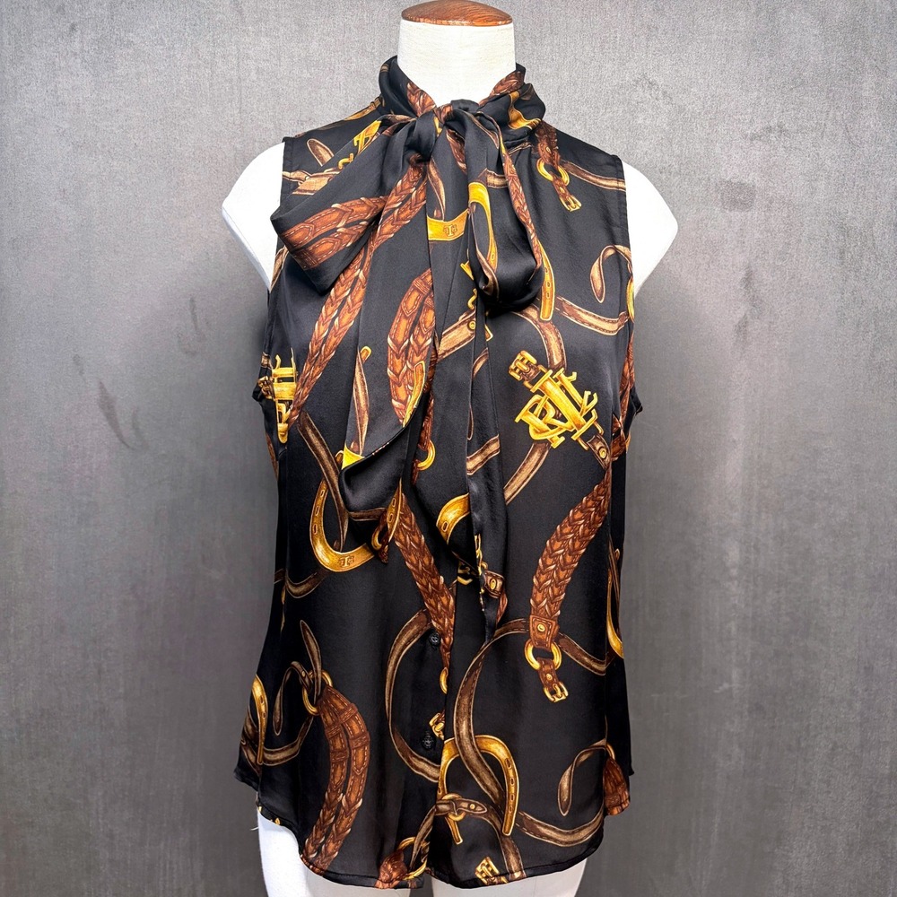 Ralph Lauren LRL Silk Blouse Womens 10 Black Gold Equestrian Tie Neck Sleeveless
